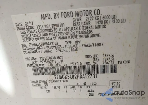 2017 Ford Flex Sel из США, поврежденный, VIN 2FMGK5C82HBA12731